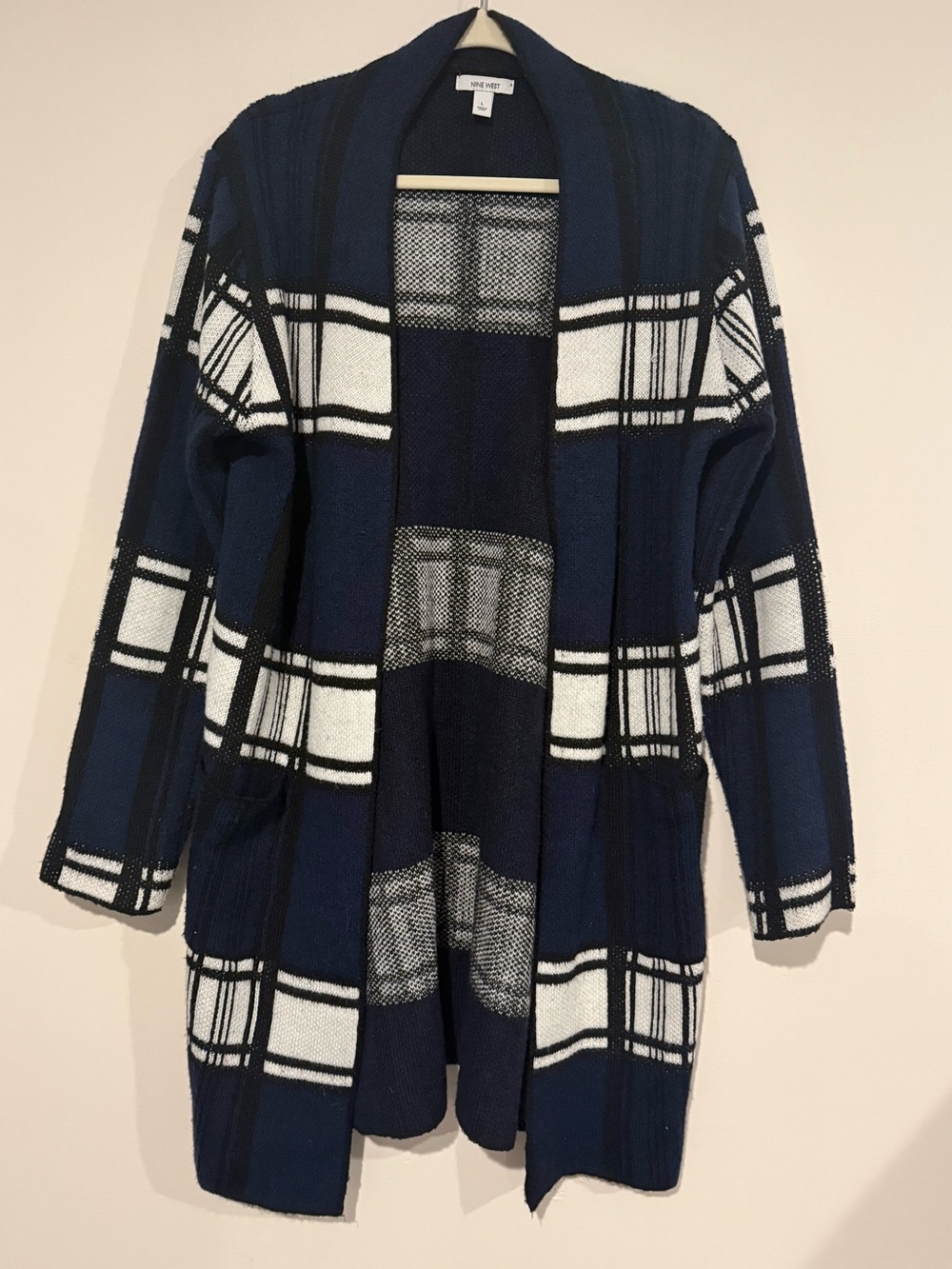 Nine West Navy & White Plaid Open-Front Cardigan